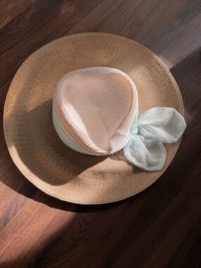 Eugenia Kim Straw Sun Hat with Pale Pink Crown and Mint Bow